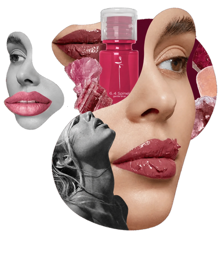 Kolaz linii Gentle Drop Lips, usta po zabiegu lip blush i buteleczka pigmentu 6.4 Spinel